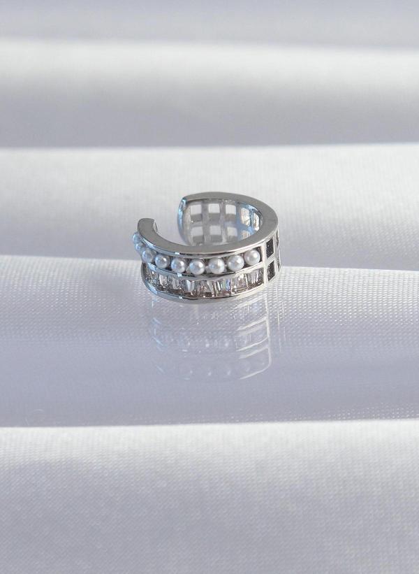 Pirinç Gümüş Renk İncili Baget Taşlı Earcuff Küpe - EBJ240820W26738 - Image 1