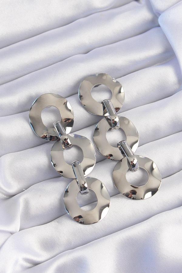 Pirinç Gümüş Renk Oval Ayna Model Sallantılı Küpe - EBJ240820W26614 - Image 1