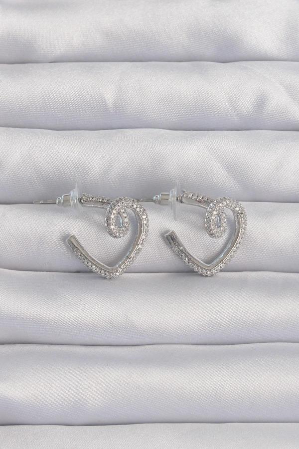 Pirinç Gümüş Renk Zirkon Taşlı Kıvrımlı Yarım Kalp Küpe - EBJ240820W26678 - Image 1