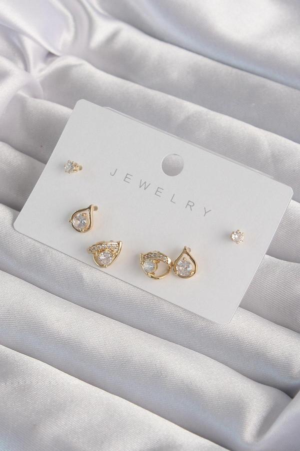 Pirinç Gold Renk Zirkon Taşlı Damla Model Küpe Seti - EBJ240820W26721 - Image 1