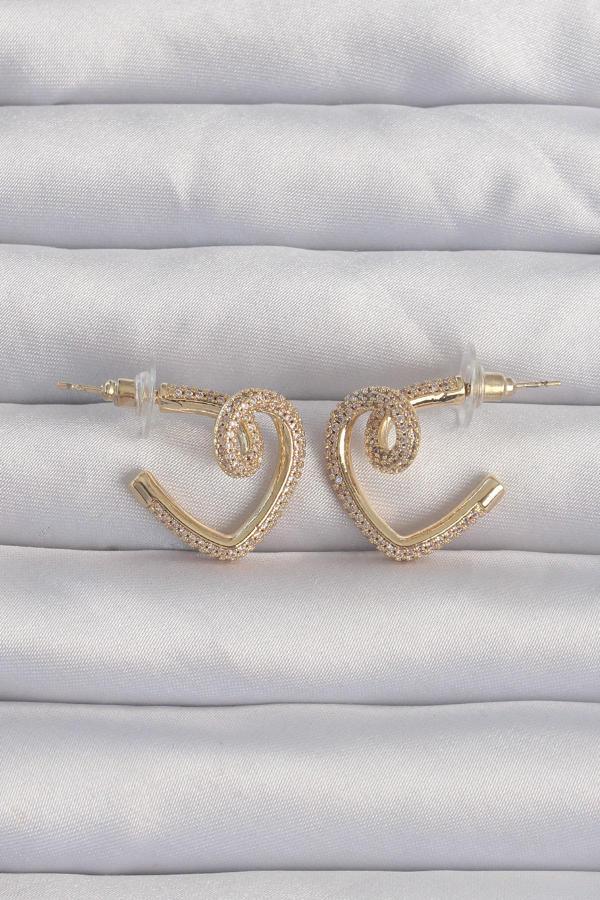 Pirinç Gold Renk Zirkon Taşlı Kıvrımlı Yarım Kalp Küpe - EBJ240820W26679 - Image 1