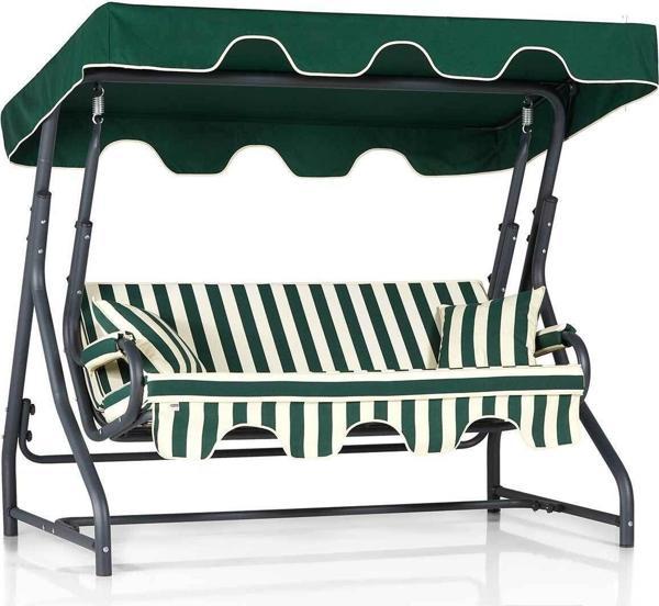 Erinöz Ruta 3 Kişilik Sabit Salıncak - Bahçe Balkon Teras Salıncağı - Yeşil Krem Çizgili - Image 1