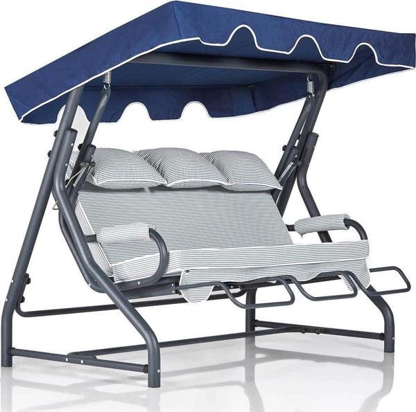 Erinöz Salvia 3 Kişilik Bahçe Balkon Teras Salıncağı - Minder: Lacivert Çizgili Tente: Lacivert - Image 1
