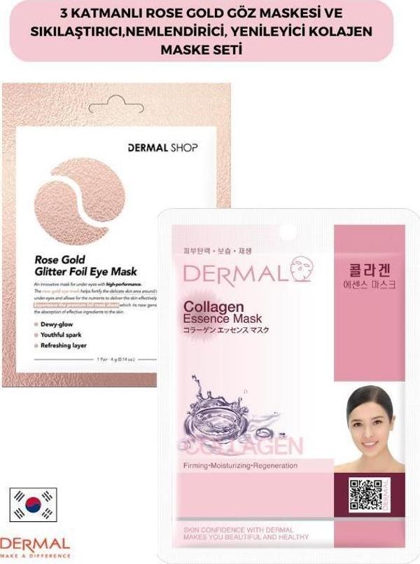 Dermal 3 Katmanlı Rose Göz Maskesi ve Sıkılaştırıcı Nemlendirici Yenileyici Kolajen Maskesi Seti - Image 1