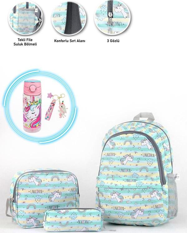 Masho Trend 3 Gözlü Yeşil Unicorn Okul Çantası + Beslenme + Unicorn Suluk + Anahtarlık  - İlkokul Çantası - Image 1