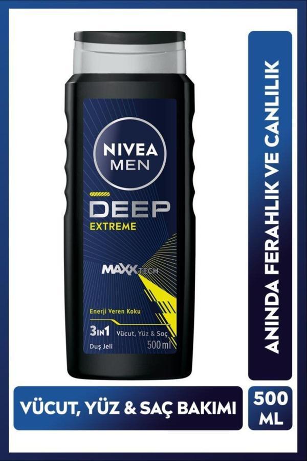 Men Erkek Deep Extreme Duş Jeli 500ml, 3'ü 1 Arada Komple Bakım, Vücut Saç Ve Yüz, Enerji Veren Koku - Image 1