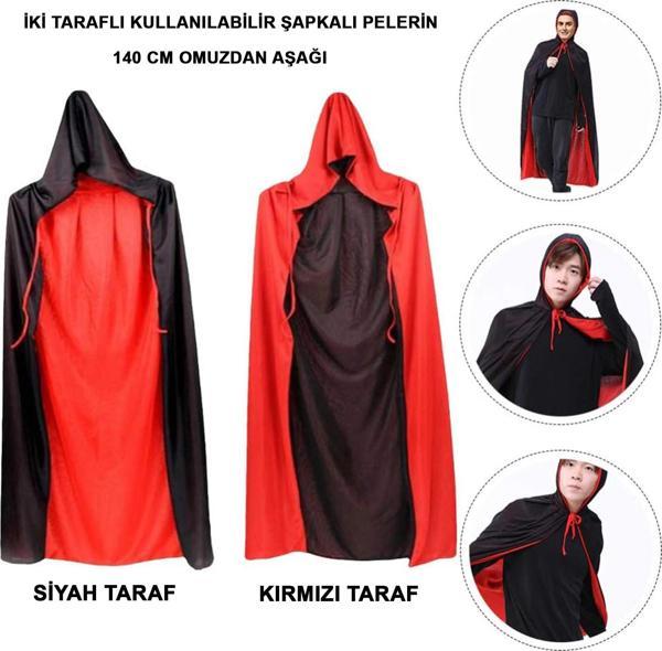 Çift Taraflı Kullanılabilir Siyah Kırmızı Kapişonlu Pelerin 140 cm Yetişkin - Image 1