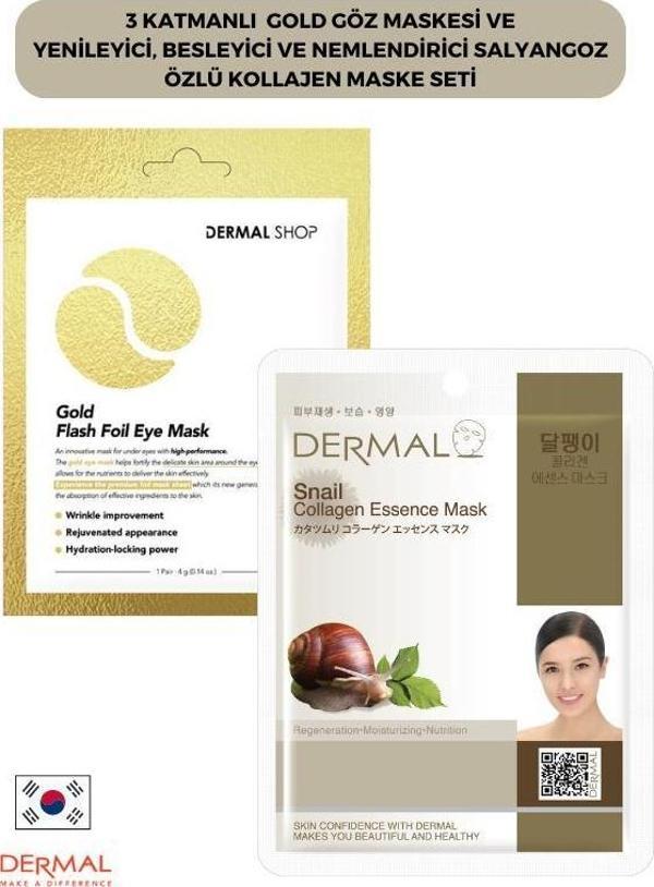 Dermal 3 Katmanlı Gold Göz Maskesi ve Yenileyici, Besleyici Ve Nemlendirici Salyangoz Özlü Kollajen Maske Seti - Image 1