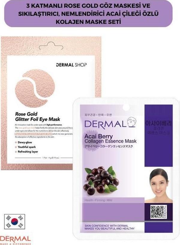 Dermal 3 Katmanlı Rose Gold Göz Maskesi ve Sıkılaştırıcı, Nemlendirici Acai Çileği Özlü Kolajen Maske Seti - Image 1