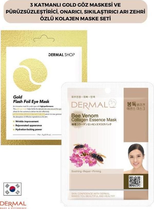 Dermal 3 Katmanlı Gold Göz Maskesi ve Pürüzsüzleştirici, Onarıcı, Sıkılaştırıcı Arı Zehri Özlü Kolajen Maske Seti - Image 1