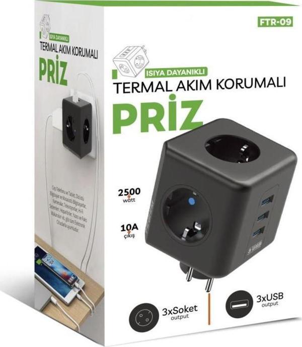 Blic Termal Akım Korumalı Isıya Dayanıklı Priz 3x Soket 2xUSB 1xType C FTR-09 - Image 1