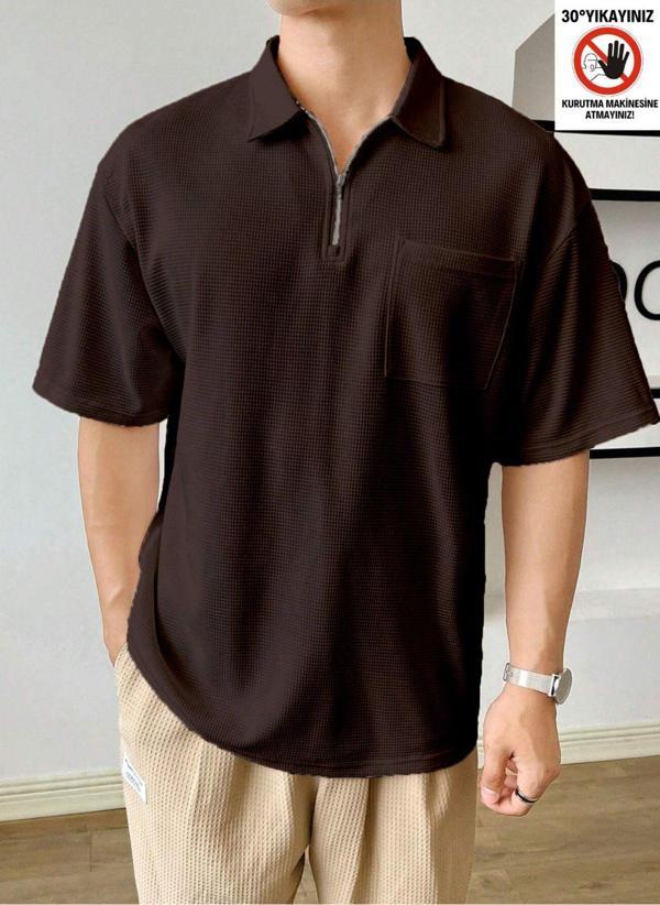 Genius Store Erkek Oversize Polo Yaka Waffle T-Shirt Poloyaka-Fermuarlı Kahverengi L - Image 1