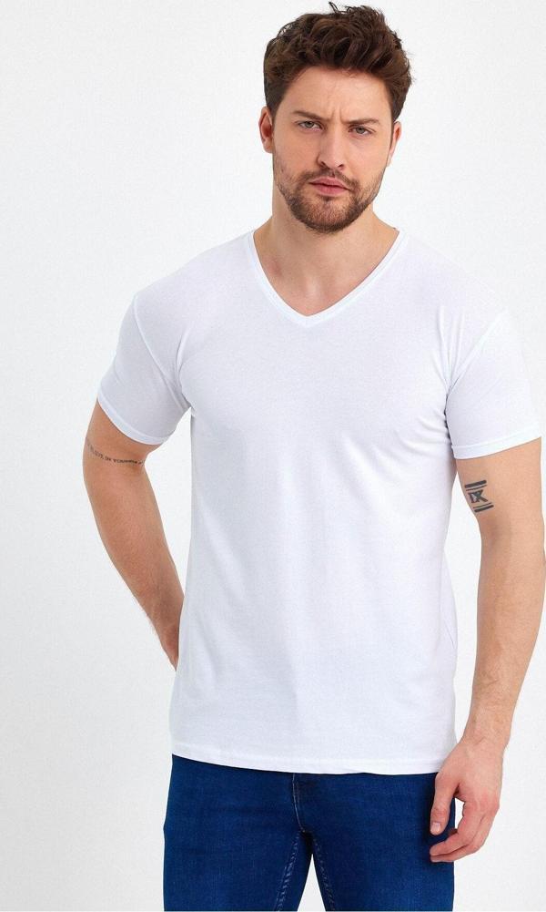Genius Store Erkek V Yaka Basic Beyaz Tişört Beyaz 2Xl - Image 1