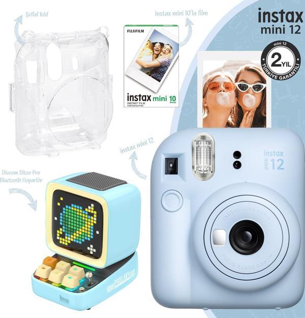 Instax mini 12 Mavi Fotoğraf Makinesi-10'lu Film-Şeffaf Kılıf ve Divoom Ditoo Pro Mavi Uyarlanabilir - Image 1
