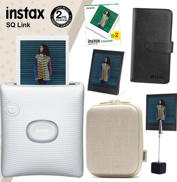 Instax SQ Link Beyaz Yazıcı 20li Square Film Kılıf Albüm Pleksi Çerçeve ve Kıskaçlı Stand - Image 1