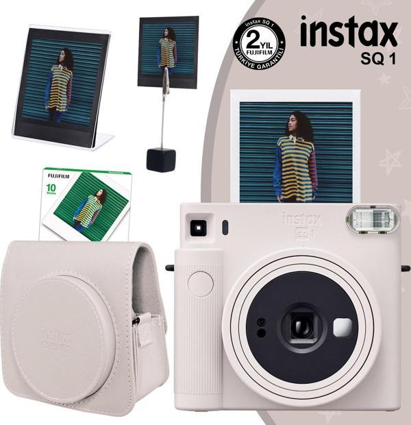 Instax SQ1 Beyaz Fotoğraf Makinesi 10lu Kare Film Deri Kılıf Pleksi Çerçeve ve Kıskaçlı Stand - Image 1