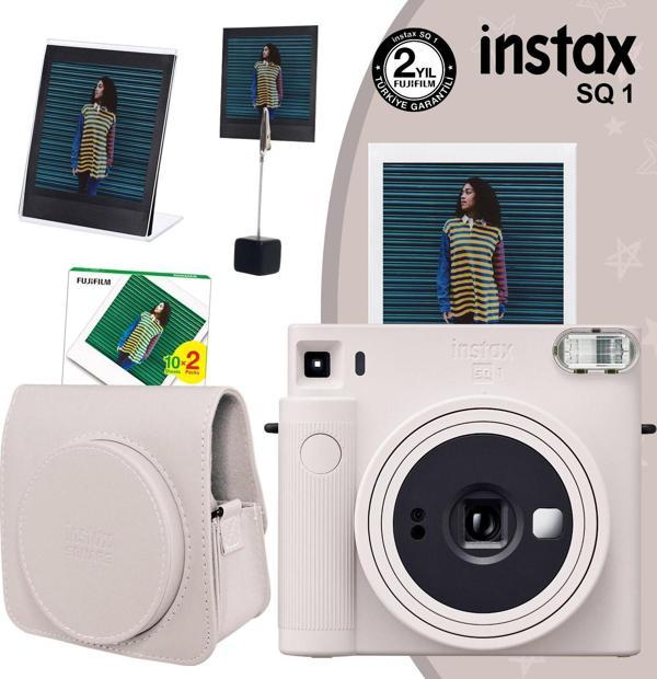 Instax SQ1 Beyaz Fotoğraf Makinesi 20li Kare Film Deri Kılıf Pleksi Çerçeve ve Kıskaçlı Stand - Image 1