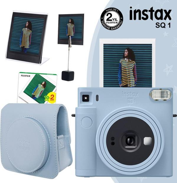 Instax SQ1 Buz Mavi Fotoğraf Makinesi 20li Kare Film Deri Kılıf Pleksi Çerçeve ve Kıskaçlı Stand - Image 1