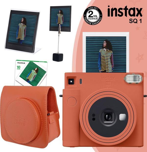 Instax SQ1 Terracotta Turuncu Fotoğraf Makinesi 10lu Kare Film Deri Kılıf Pleksi Çerçeve ve Kıskaçlı - Image 1
