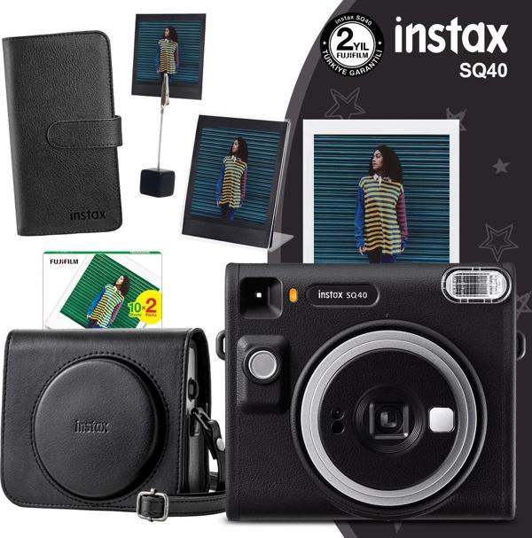 Instax SQ40 Siyah Fotoğraf Makinesi 20li Kare Film Deri Kılıf Albüm Pleksi Çerçeve ve Kıskaçlı Stand - Image 1