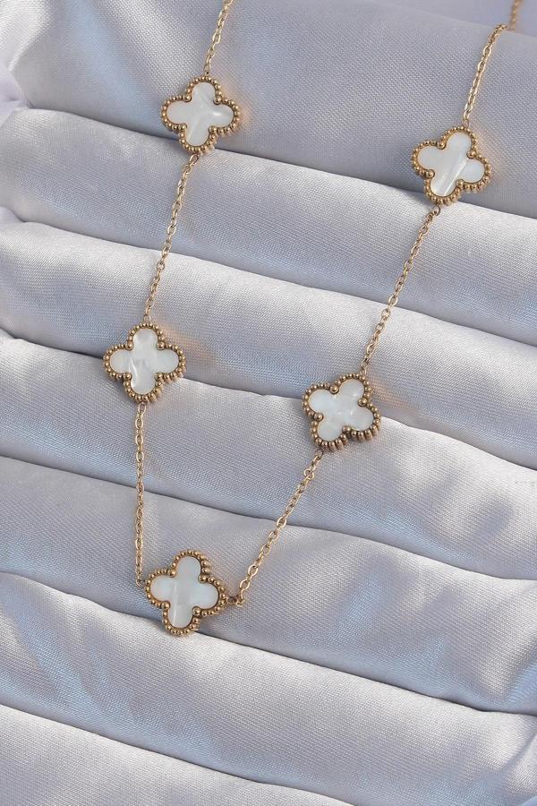316L Çelik Gold Renk Beyaz Sedefli Yonca Kolye - EBJ240822W26878 - Image 1