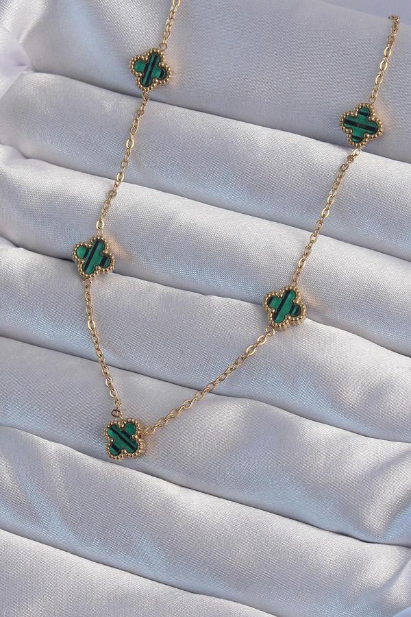 316L Çelik Gold Renk Minimal Yeşil Mineli Yonca Kolye - EBJ240822W26882 - Image 1