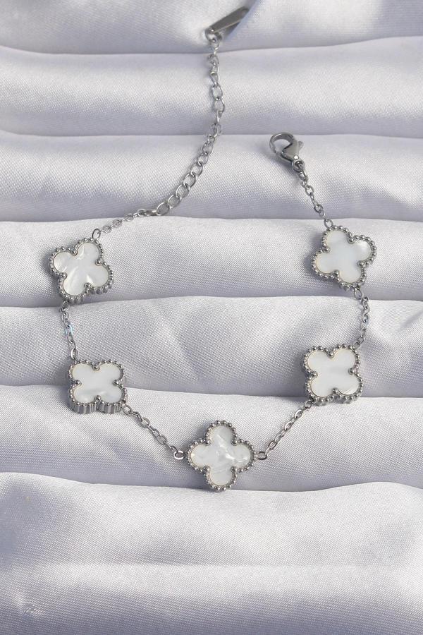 316L Çelik Gümüş Renk Beyaz Sedefli Yonca Bileklik - EBJ240822W26842 - Image 1