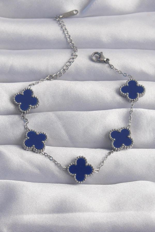 316L Çelik Gümüş Renk Mavi Mineli Yonca Bileklik - EBJ240822W26848 - Image 1