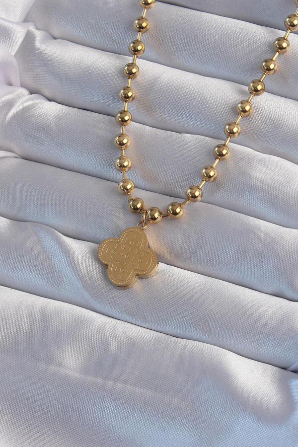 316L Çelik Top Zincirli Gold Renk İşlemeli Yonca Model Kolye - EBJ240822W26870 - Image 1