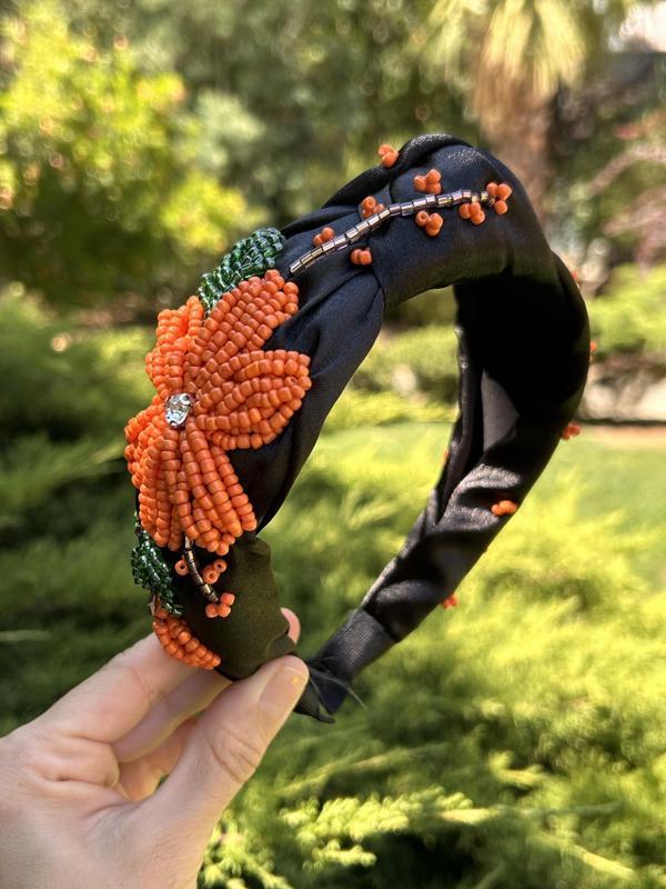 BYM612 Tasarım Abiye Kına Nişan Gelin El İşlemesi Siyah Turuncu ÇiçekliTaç Aksesuar - Image 1