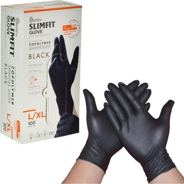 Reflex Slımfıt Glove Pudrasız Tek Kullanımlık Gıdaya Uygun Siyah L / Xl Beden Eldiven 100'lü Paket 20 Kutu - Image 1
