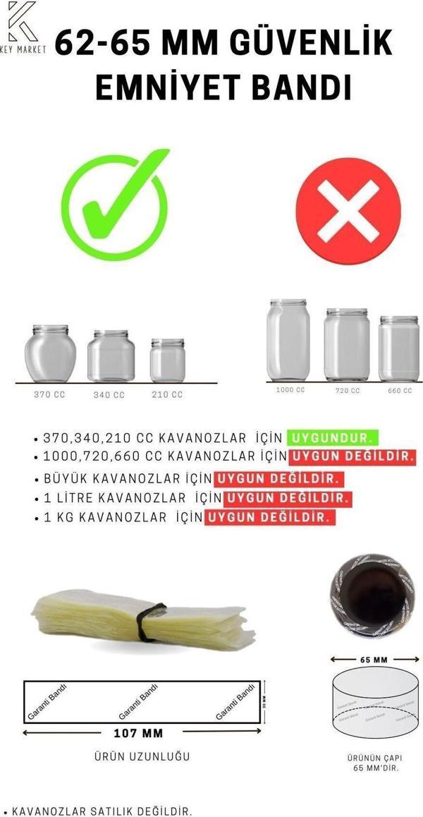 Key Market Standart Kavanoz Güvenlik Emniyet Bandı 100 Adet, 62-65Mm Ağız Çapına Uygun, 107X30Mm Boyut, Baskılı - Image 1