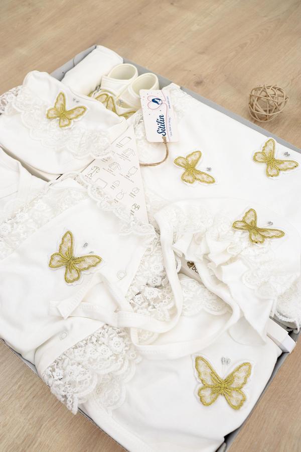 Kız Bebek Ekru Kelebekli Fistolu % 100 Pamuk 10 Lu Hastane Çıkışı Seti STL6741 - Image 1