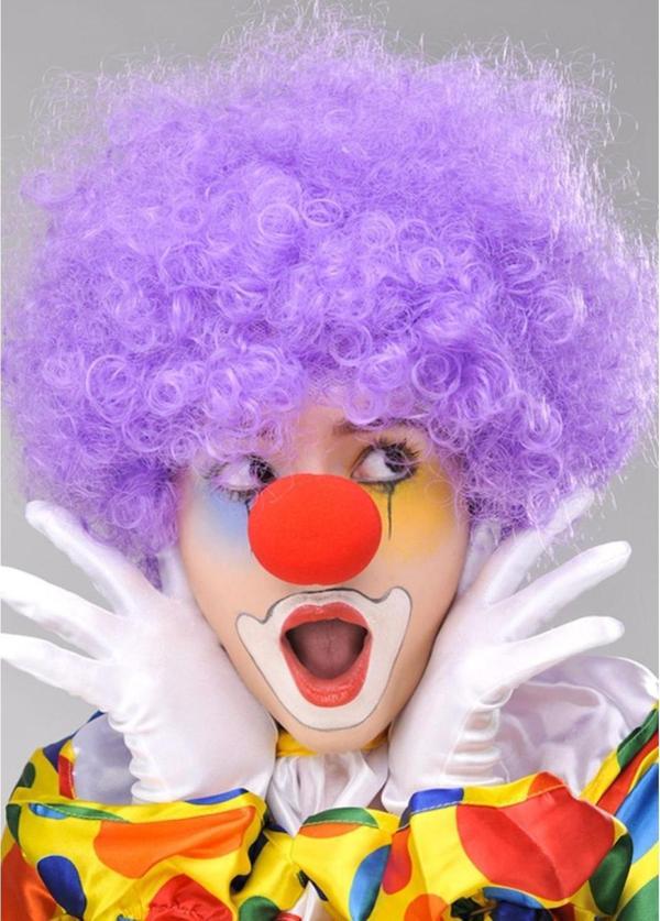 Mor Renk Kıvırcık Afro Bonus Peruk Takma Saç ve Kırmızı Burun Seti - Image 1