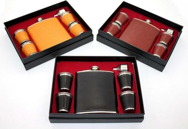 Paslanmaz Çelik 4 Shot Bardaklı Derili Matara Seti - Image 1