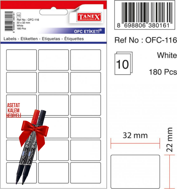 Tanex OFC-116 32x22 Mm Beyaz Ofis Etiketi 10 sayfa 2'li Asetat Kalem Hediyeli - Image 1