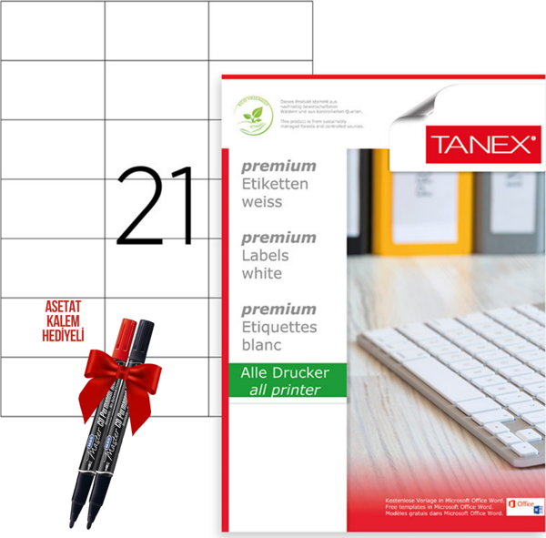 Tanex Tw-2124 70x42 mm Laser Etiket 100 Tabaka 2'li Asetat Kalem Hediyeli - Image 1