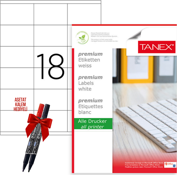 Tanex Tw-2218 105x70 mm Laser Etiket 100 Tabaka 2'li Asetat Kalem Hediyeli - Image 1
