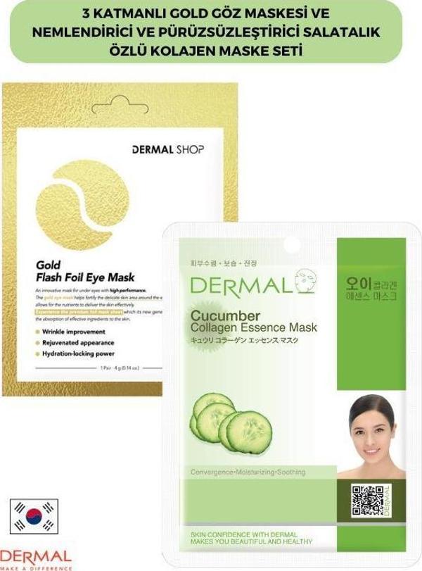 Dermal 3 Katmanlı Gold Göz Maskesi ve Nemlendirici Ve Pürüzsüzleştirici Salatalık Özlü Kolajen Maske Seti - Image 1