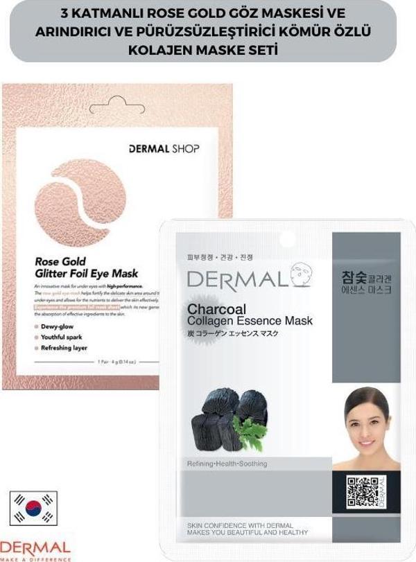 Dermal 3 Katmanlı Rose Gold Göz Maskesi ve Arındırıcı Ve Pürüzsüzleştirici Kömür Özlü Kolajen Maske Seti - Image 1