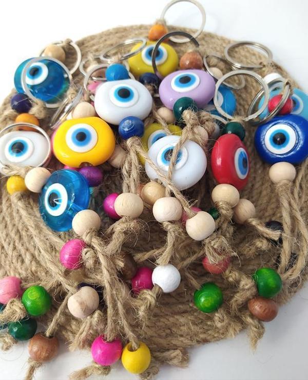 Nazar Boncuk Anahtarlık 10 Adet Kötü Göz Kovucu Nazar Hand Made Hasır Renkli Boncuklu Nazarlı Anahtarlık - Image 1