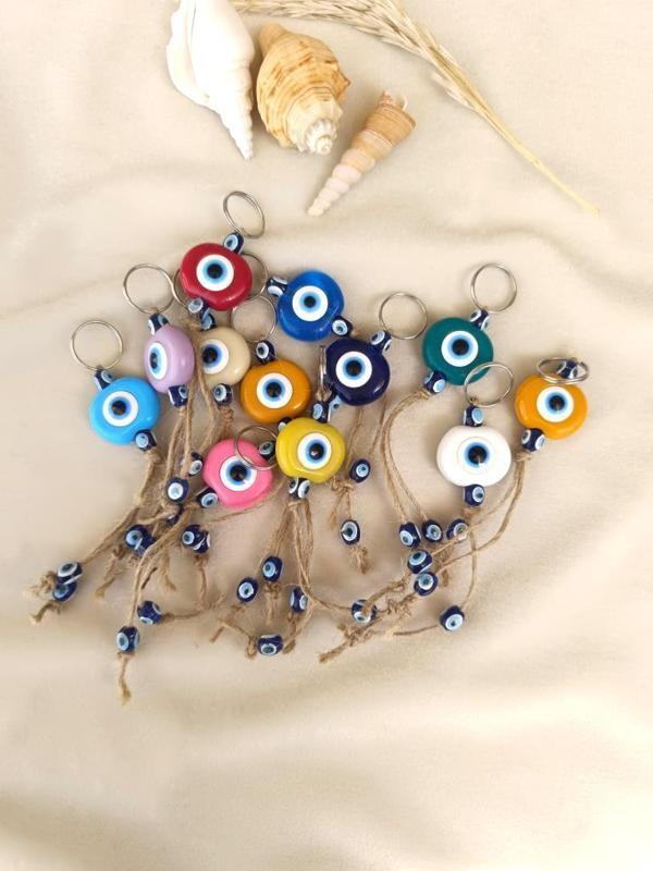 Nazar Boncuk Anahtarlık 10 Adet Kötü Göz Kovucu Nazar Hand Made Hasır Renkli Boncuklu Nazarlı Anahtarlık - Image 1