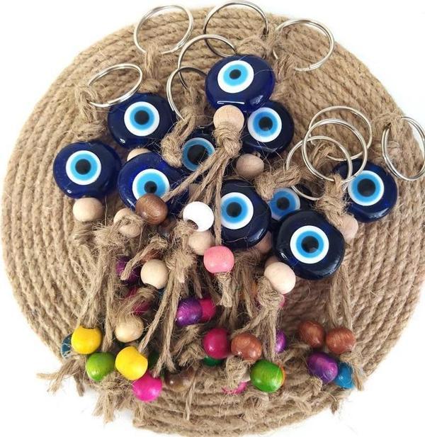 Nazar Boncuk Anahtarlık 20 Adet Kötü Göz Kovucu Nazar Hand Made Hasır Renkli Ahşap Boncuklu Nazarlı Anahtarlık - Image 1