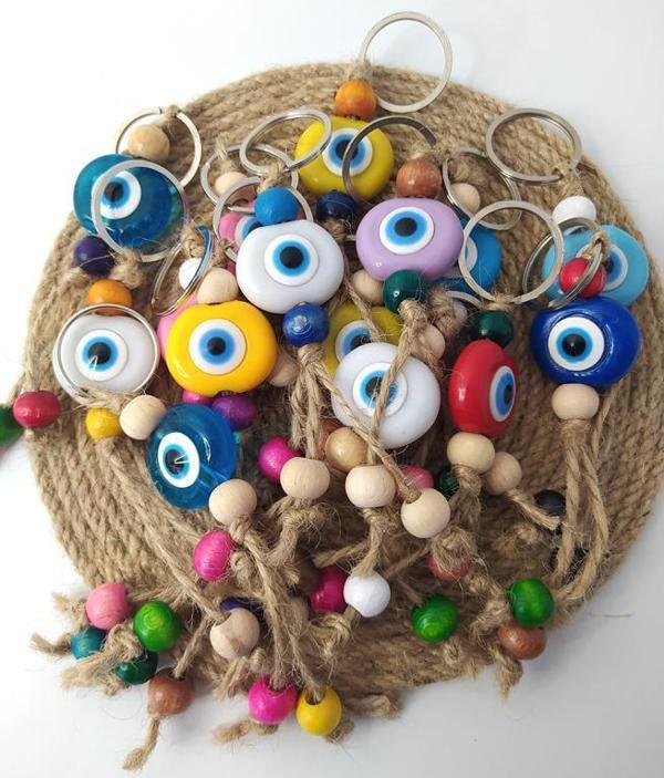 Nazar Boncuk Anahtarlık 20 Adet Kötü Göz Kovucu Nazar Hand Made Hasır Renkli Boncuklu Nazarlı Anahtarlık - Image 1
