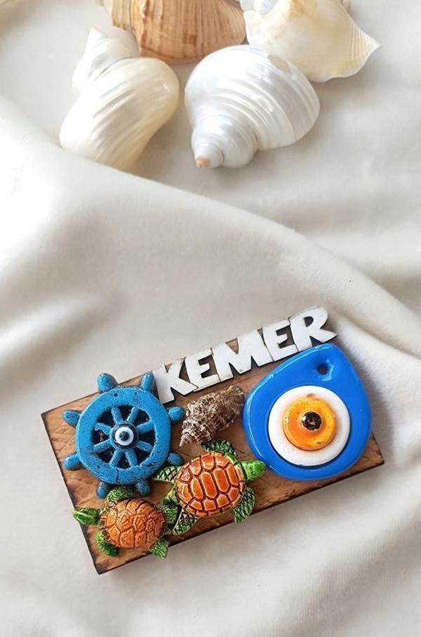 Kemer Yazılı Nazar Çapa Kaplumbağa Deniz Kabuğu Ahşap Mıknatıslı Magnet Buzdolabı Süsü - Image 1