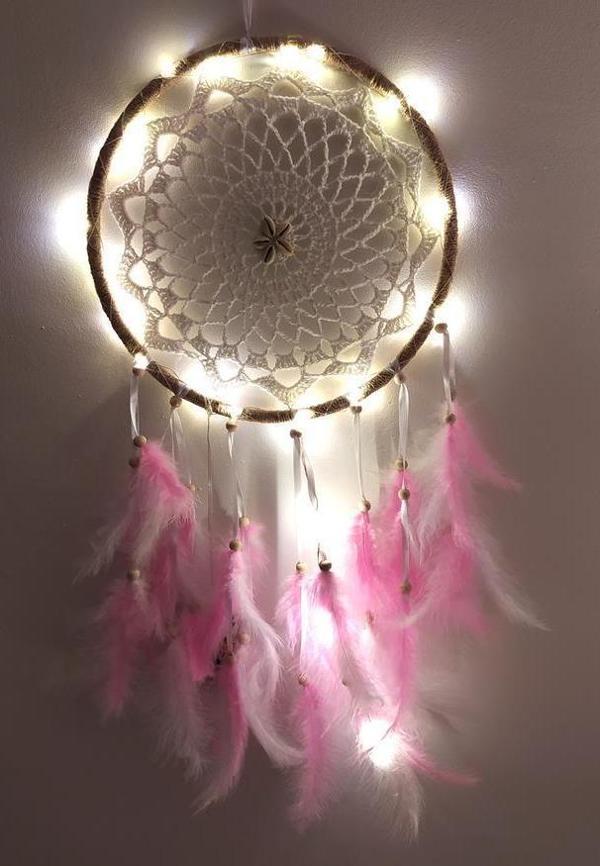 Led Işıklı Düş Kapanı Dreamcatcher Renkli Kuş Tüyü Rüya Kapanı Duvar Süsü Elişi 9059 - Image 1