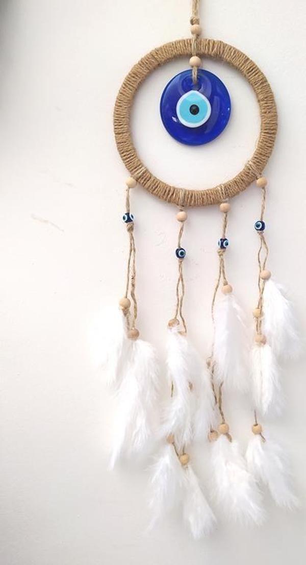 Hdmarketim Nazar Boncuklu Düş Kapanı Dreamcatcher Kuş Tüyü Duvar Süsü     - Image 1