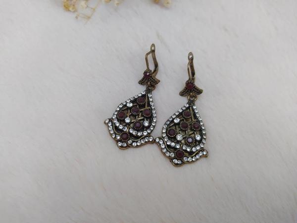 Hdmarketim Otantik Osmanlı Motifli Swarovski Taşlı Işıltılı Hürrem Sultan Eskitme Küpe Bordo - Image 1