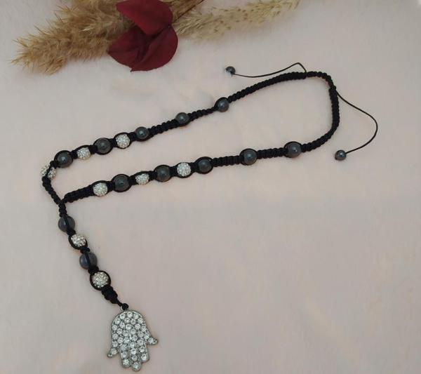 Makrome Örgülü Beyaz Maji Swarovski Ve Hematit Taşlı Kolye - Image 1