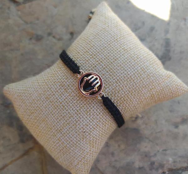 Bileklik El Figür Siyah Taşlı Rose Gold Makrome Ayarlanabilir İp Bileklik Bijuteri Takı Bilezik  - Image 1